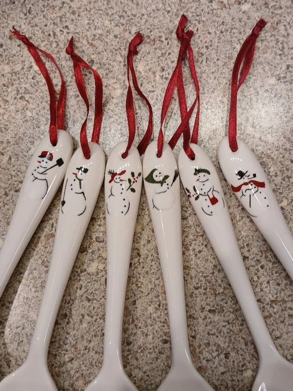Set of 6 Williams Sonoma Ceramic Snowman Hot Chocolate Spoons or Ornaments